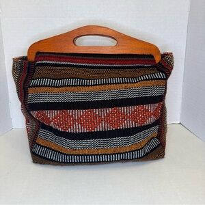 Pinzon Stylish Multicolor Woven Handbag with Wooden Handle